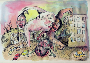 Après le déluge encre aquarelle et encre de Chine sur papi Dessin intitulée "Après le déluge en…" par Patrick Jannin, Œuvre d'art originale, Encre