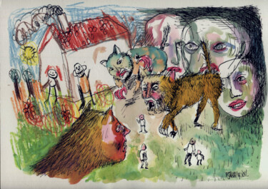 Zeichnungen mit dem Titel "Maison d'enfance" von Patrick Jannin, Original-Kunstwerk, Tinte