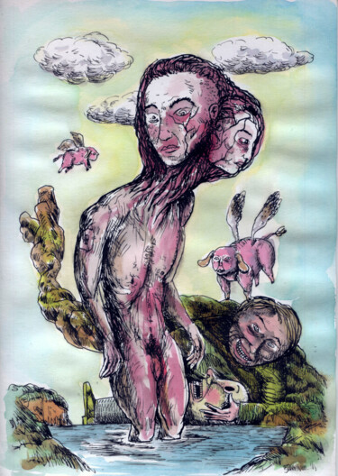 Zeichnungen mit dem Titel "La mort à la plage" von Patrick Jannin, Original-Kunstwerk, Tinte