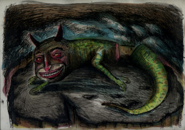 Zeichnungen mit dem Titel "Lézard primitif" von Patrick Jannin, Original-Kunstwerk, Tinte