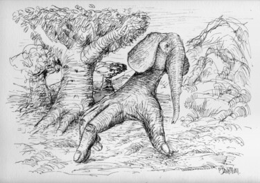 Dessin intitulée "Elephant Ma(i)n" par Patrick Jannin, Œuvre d'art originale, Encre