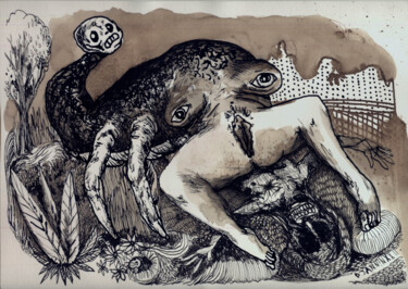 Disegno intitolato "Face de crabe" da Patrick Jannin, Opera d'arte originale, Inchiostro