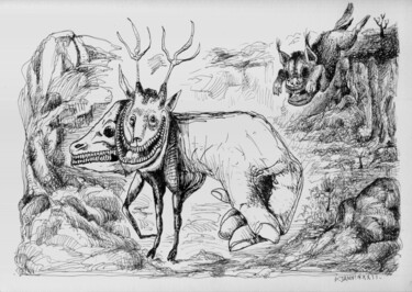 Drawing titled "Heureux cerf" by Patrick Jannin, Original Artwork, Ink