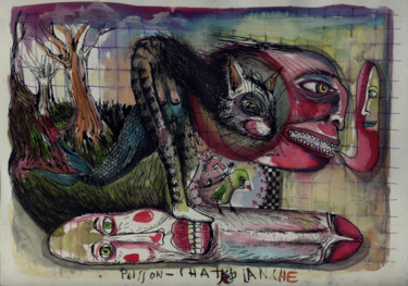 Dessin intitulée "Poisson-chatte blan…" par Patrick Jannin, Œuvre d'art originale, Encre