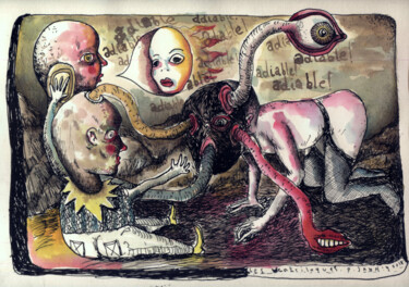 Dessin intitulée "Les ventriloques" par Patrick Jannin, Œuvre d'art originale, Encre