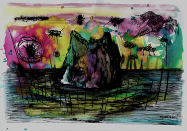 Dessin intitulée "(une île) - Désolat…" par Patrick Jannin, Œuvre d'art originale, Encre