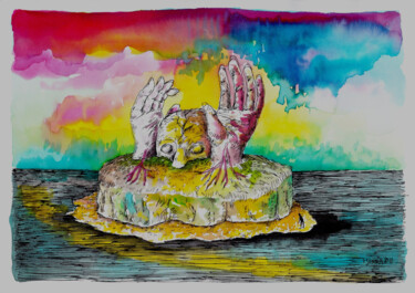 Dessin intitulée "(une île) - Refuge" par Patrick Jannin, Œuvre d'art originale, Encre