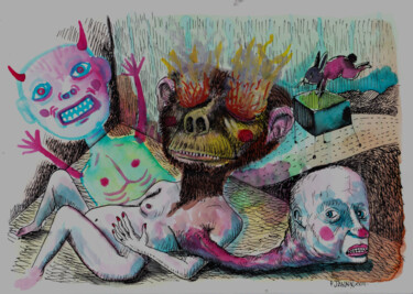 Dessin intitulée "Un singe en été" par Patrick Jannin, Œuvre d'art originale, Encre
