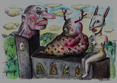 Zeichnungen mit dem Titel "3 gargouilles gargo…" von Patrick Jannin, Original-Kunstwerk, Tinte