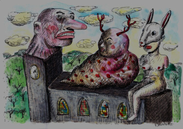 Tekening getiteld "3 gargouilles gargo…" door Patrick Jannin, Origineel Kunstwerk, Inkt