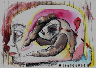 Tekening getiteld "Échec et pat gouache" door Patrick Jannin, Origineel Kunstwerk, Inkt