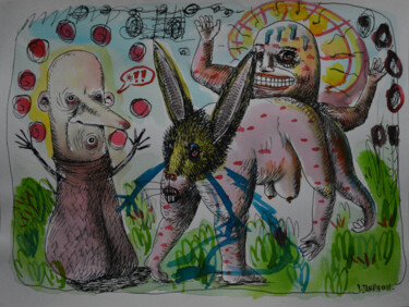 Drawing titled "The green rabbit is…" by Patrick Jannin, Original Artwork, Ink