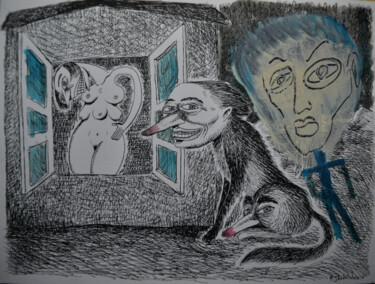 Drawing titled "Voyou et son voyeur…" by Patrick Jannin, Original Artwork, Ink