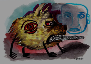Dessin intitulée "Hyène de mars" par Patrick Jannin, Œuvre d'art originale, Aquarelle