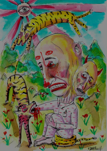 Рисунок под названием "3 guépards" - Patrick Jannin, Подлинное произведение искусства, Чернила