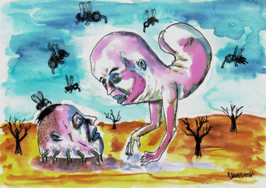 Zeichnungen mit dem Titel "Deux poneys" von Patrick Jannin, Original-Kunstwerk, Tinte