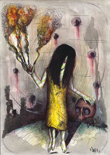 Dessin intitulée "The girl with a yel…" par Patrick Jannin, Œuvre d'art originale
