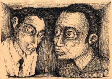 Dessin intitulée "Two Men, One Box" par Patrick Jannin, Œuvre d'art originale, Autre