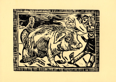 "EAT PIG" başlıklı Baskıresim Patrick Jannin tarafından, Orijinal sanat, Linocut