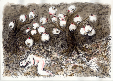 Zeichnungen mit dem Titel "A l'ombre des saule…" von Patrick Jannin, Original-Kunstwerk, Tinte