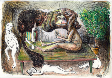 Dibujo titulada "Porno Day" por Patrick Jannin, Obra de arte original, Tinta