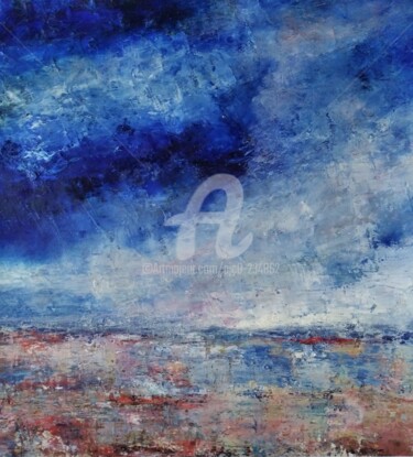 Painting titled "Marée basse bleue" by Pjc, Original Artwork, Oil Mounted on Cardboard