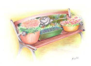 Drawing titled "Banc de fleurs" by Pascal Koza, Original Artwork, Pastel