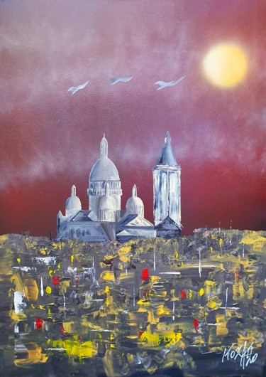 Painting titled "Montmartre, une nuit" by Pascal Koza, Original Artwork, Acrylic Mounted on Wood Stretcher frame