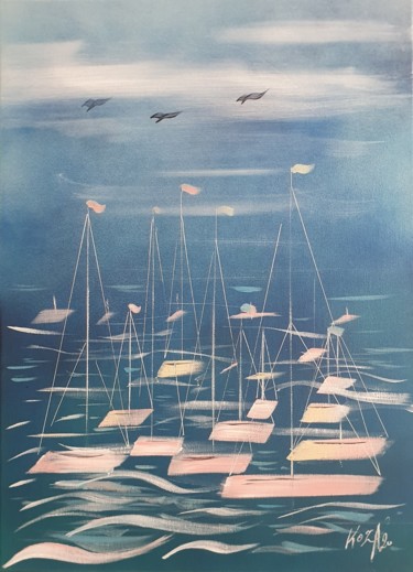 Malerei mit dem Titel "Les flots bleus" von Pascal Koza, Original-Kunstwerk, Acryl Auf Keilrahmen aus Holz montiert
