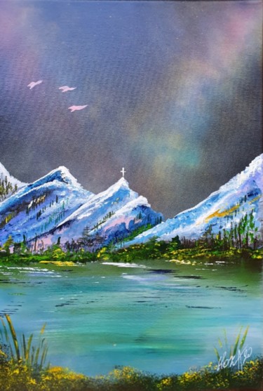 Painting titled "Aurore sur lac" by Pascal Koza, Original Artwork, Acrylic Mounted on Wood Stretcher frame