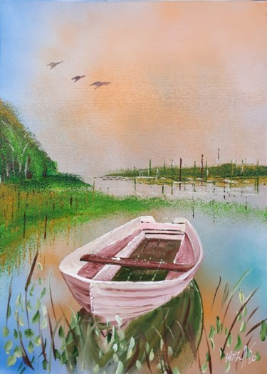 Painting titled "La barque sur l'éta…" by Pascal Koza, Original Artwork, Acrylic Mounted on Wood Stretcher frame