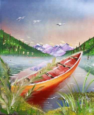 Painting titled "Canoë d'automne" by Pascal Koza, Original Artwork, Acrylic Mounted on Wood Stretcher frame