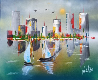 Painting titled "Manhattan sur mer" by Pascal Koza, Original Artwork, Acrylic Mounted on Wood Stretcher frame