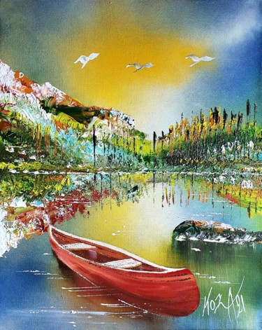 Painting titled "Pirogue amérindienne" by Pascal Koza, Original Artwork, Acrylic Mounted on Wood Stretcher frame