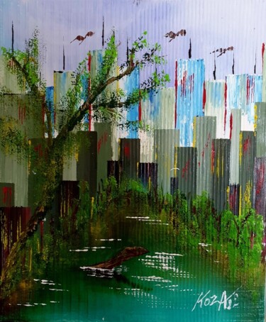 Malarstwo zatytułowany „Rayures” autorstwa Pascal Koza, Oryginalna praca, Akryl Zamontowany na Drewniana rama noszy