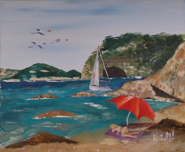 Painting titled "Une crique plage du…" by Pascal Koza, Original Artwork, Acrylic Mounted on Wood Stretcher frame