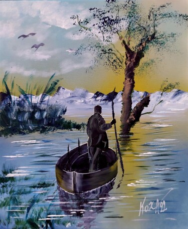 Ζωγραφική με τίτλο "Le pêcheur" από Pascal Koza, Αυθεντικά έργα τέχνης, Ακρυλικό Τοποθετήθηκε στο Ξύλινο φορείο σκελετό
