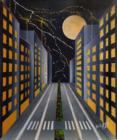 Painting titled "Orage sur la ville" by Pascal Koza, Original Artwork, Acrylic Mounted on Wood Stretcher frame