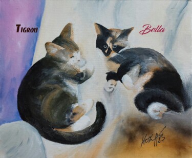 Painting titled "Tigrou et Bella" by Pascal Koza, Original Artwork, Acrylic Mounted on Wood Stretcher frame