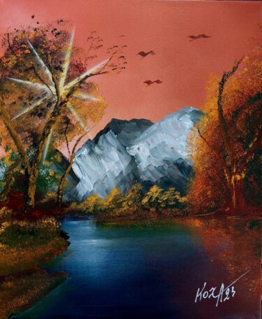 Painting titled "Paysage d'automne" by Pascal Koza, Original Artwork, Acrylic Mounted on Wood Stretcher frame