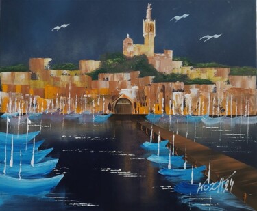 Painting titled "Une nuit à Marseille" by Pascal Koza, Original Artwork, Acrylic Mounted on Wood Stretcher frame