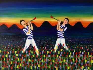 Malerei mit dem Titel "The Tulip Players" von Peter Kruger, Original-Kunstwerk, Acryl