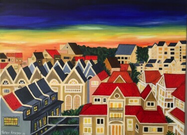 Painting titled "Rooftops at sunset" by Peter Kruger, Original Artwork, Acrylic