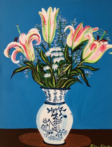 Painting titled "Lillies in a Chines…" by Peter Kruger, Original Artwork, Acrylic