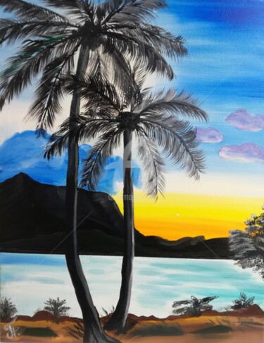 Painting titled "Palms on the beach" by Plakhotnyk Nataliia, Original Artwork, Oil