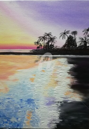 Painting titled "Sunset on the beach" by Plakhotnyk Nataliia, Original Artwork, Oil