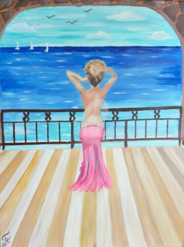 Картина под названием "A girl on the balco…" - Plakhotnyk Nataliia, Подлинное произведение искусства, Масло