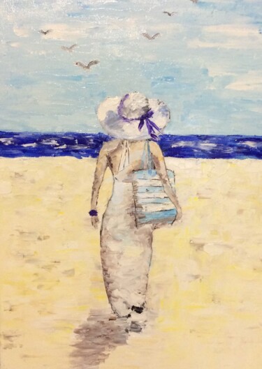 Painting titled "Lady on the beach" by Plakhotnyk Nataliia, Original Artwork, Oil