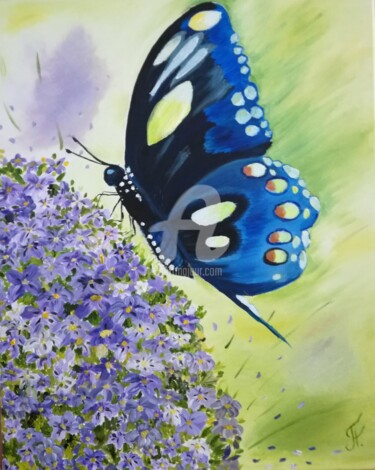Peinture intitulée "Butterfly, flower,…" par Plakhotnyk Nataliia, Œuvre d'art originale, Huile