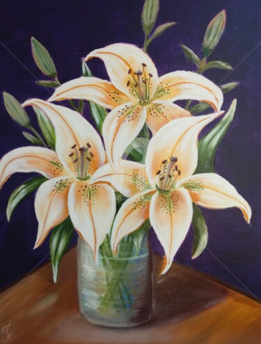 Painting titled "Lilies in vase, Oil…" by Plakhotnyk Nataliia, Original Artwork, Oil